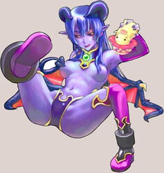 astaroth_(shinrabanshou) black_sclera blue_hair blue_skin breasts censored clothing convenient_censoring demon_girl demon_horns demon_tail demon_wings hair_over_breasts horns lowres mushroo mushroo_(shinrabanshou) pointy_ears shinrabanshou small_breasts stockings tail tail_censor thighhighs topless wings