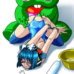 2k-tan anal anal_fingering arms_behind arms_behind_back ass_juice blue_hair blush bondage bound_wrists clenched_teeth closed_eyes cuffs enema female fingering first_porn_of_franchise gachapin glasses hirake!_ponkikki legs_bent monster os-tan puddle saliva short_hair spread_legs thighhighs top-down_bottom-up what