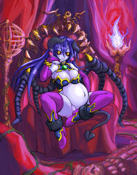 1girls astaroth_(shinrabanshou) bikini_armor black_sclera blue_skin boots breasts busty cleavage clothing demon_ears demon_girl demon_horns demon_tail demonic_eyes dragon_wings earrings high_heel_boots high_heels horns kobayashi_tetsuya pointy_ears pregnant shinrabanshou solo stockings tail thighhigh_boots thighhighs wings