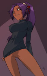 1girls 2007 bleach bottomless breasts catthouse_studios color colored dark-skinned_female dark_skin erect_nipples female female_only mac_(artist) no_panties ponytail purple_hair pussy shihouin_yoruichi solo tied_hair turtleneck uncensored