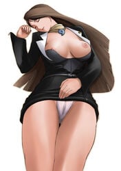 1girls areolae ayasato_chihiro breasts brown_hair cameltoe capcom erect_nipples female female_only gyakuten_saiban large_breasts long_hair magatama masaharu_arisawa mia_fey nipple_slip nipples panties pantyshot pussy skirt skirt_lift sleeping solo straight_hair underwear upskirt white_background