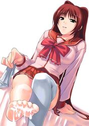 asymmetrical_clothes bed brown_eyes clothes clothing cum cum_on_foot feet female female_only front_view human kousaka_tamaki long_hair one_thighhigh red_hair school_uniform serafuku single_thighhigh sitting skirt soles solo stockings tanaka_shoutarou thighhighs to_heart_(series) to_heart_2 toes undressing