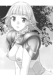 1girls armor bangs blunt_bangs blush braid breasts bust cloud doujinshi embarrassed female hair_ornament hairclip highres leaf leaning_forward looking_at_viewer looking_back monochrome nipples no_bra open_clothes open_shirt outdoors pauldrons perky_breasts profile public_nudity puffy_nipples scan seolla_schweizer short_hair shoumaru_(gadget_box) side_braid sky solo super_robot_wars tree turtleneck