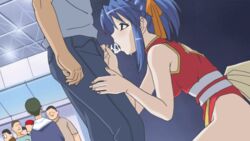 animated blue blue_eyes blue_hair blush character_request clothed exhibitionism fellatio female hair invisible_penis multiple_boys oral penis poko_poko_gunshou_2 public ribbon saliva stealth_fellatio stealth_sex tied_hair twintails wet