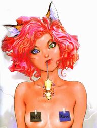 animal_ears breasts cat_ears catgirl female heterochromia katsuya_terada mouth_hold original pasties pink_hair red_hair schrodingers_cat wanted