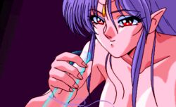 1boy 1girls 90s animated bust cleavage demon_girl eyebrows_visible_through_hair eyeliner eyeshadow female game_cg hair_between_eyes handjob invisible_penis long_hair lowres makeup male nude pendant penis pointy_ears purple_hair red_eyes seductive simple_background smile sogna succubus succubus_(viper) topless viper_(series) viper_v8