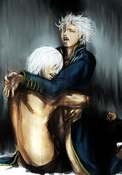 2boys brother brothers dante devil_may_cry gay in_lap incest male male_only pubic_hair sex siblings vergil white_hair yaoi