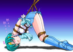 ami_mizuno arms_behind_back bishoujo_senshi_sailor_moon blue_hair blush bondage boots bound_legs closed_eyes clothing crotch_rope earrings elbow_gloves erect_nipples female female_only gloves green_hair human jewelry knee_boots magical_girl nipples nonude open_mouth rope sailor_mercury school_uniform seifuku serafuku short_hair skirt small_breasts solo spark_utamaro straight_hair suspension tiara tied_up top-down_bottom-up translation_request trembling wedgie