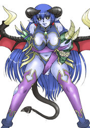 astaroth_(shinrabanshou) black_sclera blue_skin blush breasts clothed_masturbation clothing demon_girl demon_horns demon_tail demon_wings female female_masturbation female_only fully_clothed horns large_breasts masturbation pointy_ears shinrabanshou solo solo_female stockings sweat tail thighhighs wings