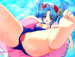 afloat barefoot blue_hair blush breasts breasts_out casual_one-piece_swimsuit censored feet frills game_cg halterneck innertube legs_up one-piece_swimsuit panties panties_aside pool pov_feet puni_puni_handmaid pussy red_eyes soles spread_legs swimsuit swimsuit_aside tied_hair twintails underwear water