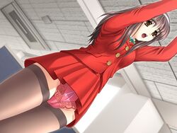 brown_eyes brown_hair game_cg hasebe_yuuko headband ikeda_yasuhiro panties the_mensetsukan thighhighs underwear uniform