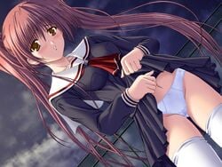 1girls asakura_kasumi bin_can_darling blush brown_hair chain-link_fence cloud clouds dutch_angle facing_viewer female_only fence first_porn_of_franchise flashing_panties game_cg long_hair looking_at_viewer miniskirt navel outdoors overcast panties pleated_skirt red_hair school_uniform seifuku self_exposure serafuku skirt skirt_lift sky solo sweat thighhighs tied_hair twintails underwear white_panties yellow_eyes