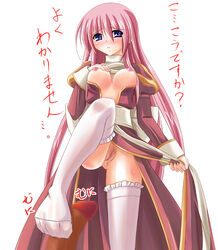 blue_eyes blush breasts censored feet female footjob footjob_with_legwear high_priest long_hair no_panties penis pink_hair priestess pubic_hair pussy ragnarok_online solo standing standing_footjob stockings thighhighs translated translation_request very_long_hair