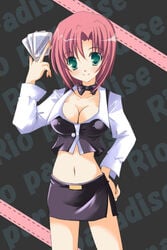 blush breasts card cards cleavage croupier green_eyes holding holding_card midriff miniskirt pink_hair rio_rollins short_hair skirt super_blackjack