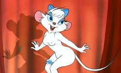 4_fingers anthro bow breasts buck_teeth disney edit eyelashes eyeshadow female female_only furry garter looking_back makeup mammal miss_kitty_mouse mouse nipples nude open_mouth rodent short_hair side_view smile solo source_request tail the_great_mouse_detective uncensored white_fur white_hair