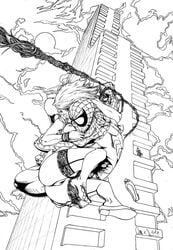 2008 artist_request breasts building clothing duo_focus female human j_jonah_jameson male marvel mary_jane_watson monochrome outdoors spider-man spider-man_(series) straight_hair swinging tagme web