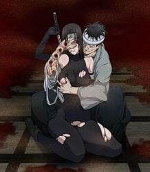 bandage bare_shoulders beige_skin black_hair bleeding blood bloody_sword breast_grab breasts clothes color dark elbow_gloves female forehead_protector front_view gloves groping hair human injury kneeling large_breasts long_hair male naruto nipple_slip nipples pantyhose puffy_nipples red_eyes rule_63 sheath shimura_danzou sitting spandex squatting sword tattoo torn_clothes torn_pantyhose uchiha_itachi unsheathing weapon zokenwatarushi