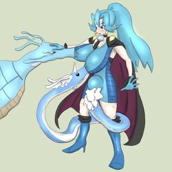 artist_request blue_hair boots clair_(pokemon) dragonair high_heel_boots human kingdra long_hair nintendo pokemon pokephilia