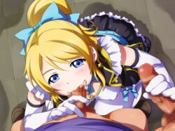 ayase_eli blonde_hair blue_eyes blush breasts censored clothes earrings elbow_gloves fellatio female footwear gloves hair_ribbon handjob highres human long_hair looking_at_viewer love_live! love_live!_school_idol_project male medium_breasts multiple_males oral penis ponytail sameha_ikuya shoes skirt smile squatting standing straight threesome tied_hair white_legwear