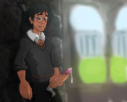 1boy anma black_hair erection glasses green_eyes gryffindor_tie harry_james_potter harry_potter holding_penis lad looking_at_penis male male_only masturbation open_fly penis_out precum_drip precum_string scar solo solo_focus