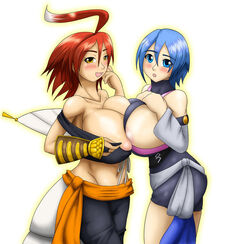 .hack .hack//g.u. 2girls alkaid aqua_(kingdom_hearts) areolae blue_eyes blue_hair blush breast_hold breast_press breasts bursting_breasts crossover disney erect_nipples female female_only huge_breasts kingdom_hearts multiple_girls nipples red_hair speeds square_enix