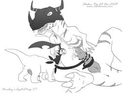 2boys apatosaurus bayleef ceratosaur ceratosaurid ceratosaurus crossover cum cum_on_nose cumshot digimon digimon_adventure dinosaur greymon leaf male male_only monochrome nintendo open_mouth pokemon pokemon_(species) pokemon_gsc pokemon_hgss vine