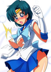 1girls ami_mizuno big_breasts bishoujo_senshi_sailor_moon blue_eyes blue_hair blush breasts choker circlet earrings elbow_gloves embarrassed exposed_breasts female female_only gloves magical_girl miniskirt nipples ripped_clothing sailor_mercury sailor_senshi short_hair solo sunahara_wataru torn_clothes