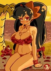 1girls 1other 3_dev_adam ashley_(warioware) beach bikini black_hair breasts eating large_breasts legs_together luigi64 mario_(series) nintendo outdoors popsicle red_(warioware) sitting straight_hair wario_(series) warioware