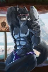 absurd_res alcohol bar beach beverage blazar canid canine canis hi_res male male_only mammal muscular seaside wolf