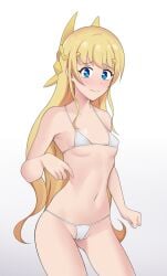 1girls blonde_hair blue_eyes blush cameltoe embarrassed eqeart eye_contact fantasy_bishoujo_juniku_ojisan_to female_only flat_chest long_hair looking_at_viewer micro_bikini small_breasts solo standing tachibana_hinata_(fantasy_bishoujo) thighs white_background