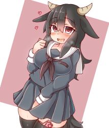 animal_ears black_hair blush drooling goat_ears goat_girl goat_horns goat_tail hand_between_legs heart-shaped_pupils horns looking_at_viewer masturbation original pussy_juice red_eyes saliva standing sweat tagme tail tears thighhighs vibrator vibrator_in_thighhighs yagi_paranoia