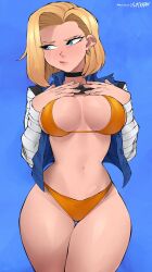 1girls android_18 big_breasts bikini blonde_hair blue_eyes blush dragon_ball dragon_ball_z flytrapxx lifting_shirt looking_away orange_bikini solo