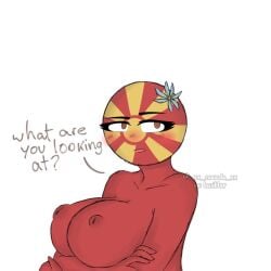 1girls big_breasts blush breasts countryhumans countryhumans_girl female female_only macedonian_(countryhumans) nipples north_macedonia_(countryhumans) solo solo_female solo_focus xx.canada.xx