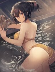 1girls animal bikini black_hair blush breasts eyebrows_visible_through_hair female female_focus female_only from_behind hair_between_eyes hair_bun kantai_collection kasumi_(skchkko) large_breasts long_hair looking_back nagato_(kantai_collection) onsen parted_lips partially_submerged red_eyes solo solo_female solo_focus squirrel swimsuit water wet yellow_bikini