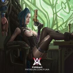 arcane arcane_jinx blue_eyes blue_hair braided_hair braided_twintails breasts casual female firearm fuka gun handgun human jinx_(league_of_legends) league_of_legends lingerie nails_painted nipple_piercing pale-skinned_female pale_skin piercing pistol riot_games shaved tattoo tattooed_arm twintails underboob very_long_hair weapon