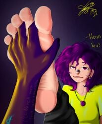 1boy 1girls barefoot clothed clothing feet fingers_between_toes foot_fetish foot_focus foot_grab grape_(purplesatyr) looking_at_viewer purple_eyes purple_hair purplesatyr smile smiling_at_viewer soles toes