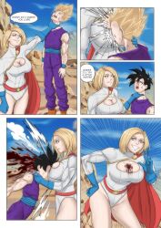 big_breasts black_hair blonde_hair blood blood_on_breasts crossover dc dc_comics death defeated dragon_ball dragon_ball_z fatality gore guro head_explosion kara_zor-el kryptonian male_death muscular_female power_girl saiyan sixul_world son_gohan super_saiyan super_saiyan_2 what