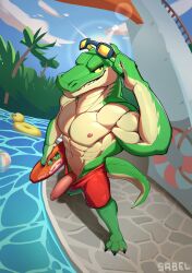 1boy 2022 absurd_res anthro claws clothing crocodile gay gay_male genitals glasses hi_res league_of_legends lifeguard male male_only mostly_nude muscular muscular_male penis plant pool_party_renekton pool_party_series pool_toy renekton reptile scalie smile solo sweatysabel swimming_trunks teeth tree water