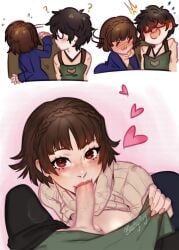 1boy 1girls :3 :3= akira_kurusu atlus black_hair blowjob blush blushypixy blushyspicy brown_hair comic cute fellatio female_focus heart joker_(persona) makoto_niijima no_dialogue oral oral_sex persona persona_5 pov red_eyes ren_amamiya sega straight teen_boy teenage_girl teenager wholesome