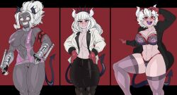 3girls absurd_res areola areola_slip areolae bare_shoulders beelzebub_(helltaker) big_breasts blush bra breasts captain_kirb cleavage crown demon_tail female fit fit_female grey_body helltaker high_resolution horn judgement_(helltaker) lingerie looking_at_viewer lucifer_(helltaker) multiple_girls navel nipple_bulge open_mouth open_smile panties pencil_skirt pussy red_background red_eyes revealing_clothes simple_background skirt smile thick_thighs thighhighs white_eyes white_hair