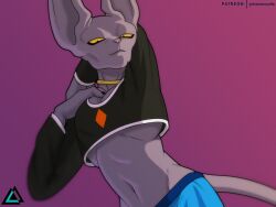 alternate_costume beerus belly_button choker clothed clothing deity dragon_ball dragon_ball_super feline furless gold_(metal) gold_jewelry hi_res highres long_ears looking_at_viewer male male_only prismanoodle_(artist) purple_skin simple_background simple_shading solo solo_male tail