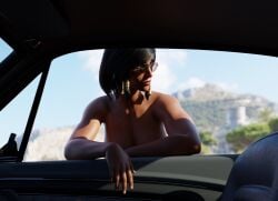 1girls 3d abs asking_for_help athletic aviator_sunglasses big_breasts blizzard_entertainment car dark-skinned_female dark_skin egyptian egyptian_female fareeha_amari female female_only fit fit_female heroine human large_breasts moolooy nude outdoors overwatch pharah public_nudity solo sunglasses tattoo tinted_eyewear