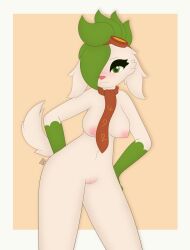 absurd_res anthro blush clothed clothed/nude clothing eyewear female fur furry furry_only genitals goggles grace_mustang green_eyes green_hair hair hi_res legendary_pokemon looking_at_viewer max_draws naked nintendo nipples nude pokémon_(species) pokemon pokemon_(species) pussy scarf shaymin sky_forme_shaymin solo standing tail video_games white_body white_fur