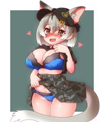 animal_ears blue_bra blue_panties blush bra breasts brown_eyes cleavage eastern_quoll_(kemono_friends) fang grey_hair hat heart kemono_friends large_breasts lingerie looking_at_viewer navel panties shirt shirt_lift short_hair skirt skirt_lift tagme tail thick_thighs thighs yagi_paranoia