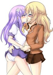 /// 2girls bad_anatomy bad_end black_eyebrows blonde_hair blue_eyes blush breasts cosplaying d-pad d-pad_hair_ornament female female/female glasses hair hyperdimension_neptunia imminent_kiss nepgear neptunia_(series) panties planeptune purple_eyes purple_hair red_glasses school_uniform skirt small_breasts standing_up transparent_background vert yuri