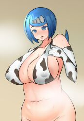 1girls big_breasts blue_eyes blue_hair breasts cow_print female female_only gigantic_breasts hair_ornament hi_res highres human lana's_mother_(pokemon) milf nintendo pokemon pokemon_sm solo tf_cafe tied_hair wet