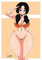 1girls belly big_breasts bikini black_hair blue_eyes blush bottom_heavy chestnut_mouth cleavage cropped_legs curvaceous curvy curvy_female curvy_figure dark_blue_eyes dragon_ball dragon_ball_z fake_face female female_focus female_only front_view gesture gluteal_fold hair_tie horns horny hourglass_figure huge_breasts huge_thighs hyper_hips knees large_breasts limited_palette long_hair looking_at_viewer micro_panties mouth_open navel_line open_mouth orange_background orange_bikini orange_clothing orange_panties pigeon-toed plump salute seductive_smile shiny_skin side-tie_panties sidelocks signature slender_waist slim_waist solo stomach_lines string_bikini thick_thighs thigh_gap thighs thin_waist thunder_thighs tied_hair twintails vertical_navel videl voluptuous warm_colors wasp_waist wide_hips