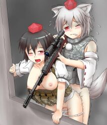 1futa 1girls animal_ears battle_rifle black_hair blush bottomless breasts camouflage clenched_teeth clothed clothing doggy_style duo female firearm futanari gun hat highres humanoid humanoid_penis implied_futanari kemonomimi light-skinned_female light-skinned_futanari light_skin load_bearing_vest m14 maaranto military military_jacket momiji_inubashiri mostly_nude multiple_girls multitasking nipples open_mouth panties penetration pussy pussy_juice pussy_juice_trail red_eyes rifle scope sex sex_from_behind shameimaru_aya short_hair sniper sniper_rifle standing tail teeth thrusting tokin_hat touhou uncensored underwear vest weapon wet wet_clothes wet_panties white_hair wolf_ears wolf_tail yuri