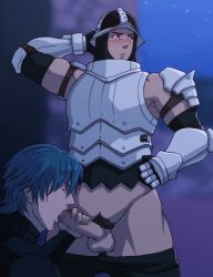 2boys armor balls blush byleth_(fire_emblem) byleth_(fire_emblem)_(male) censored erect_penis erection fellatio fire_emblem fire_emblem:_three_houses gatekeeper_(fire_emblem) helmet knight male male_focus male_only mosaic_censoring multiple_boys muscular night nintendo oral oral_sex outdoors penis public_indecency tagme tentakun undressing yaoi