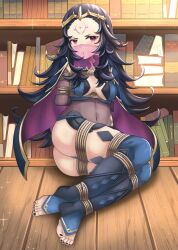 1girls arms_behind_back ass bare_thighs barefoot black_hair black_nails blue_panties bodystocking bondage book bookshelf breasts cape captured dankestofdans female female_only femsub fire_emblem fire_emblem_fates frown gag indoors long_hair looking_at_viewer mouth_veil nail_polish nintendo nyx_(fire_emblem) open_mouth panties purple_eyes rope rope_bondage see-through small_breasts solo thighs toeless_legwear toenail_polish veil very_long_hair